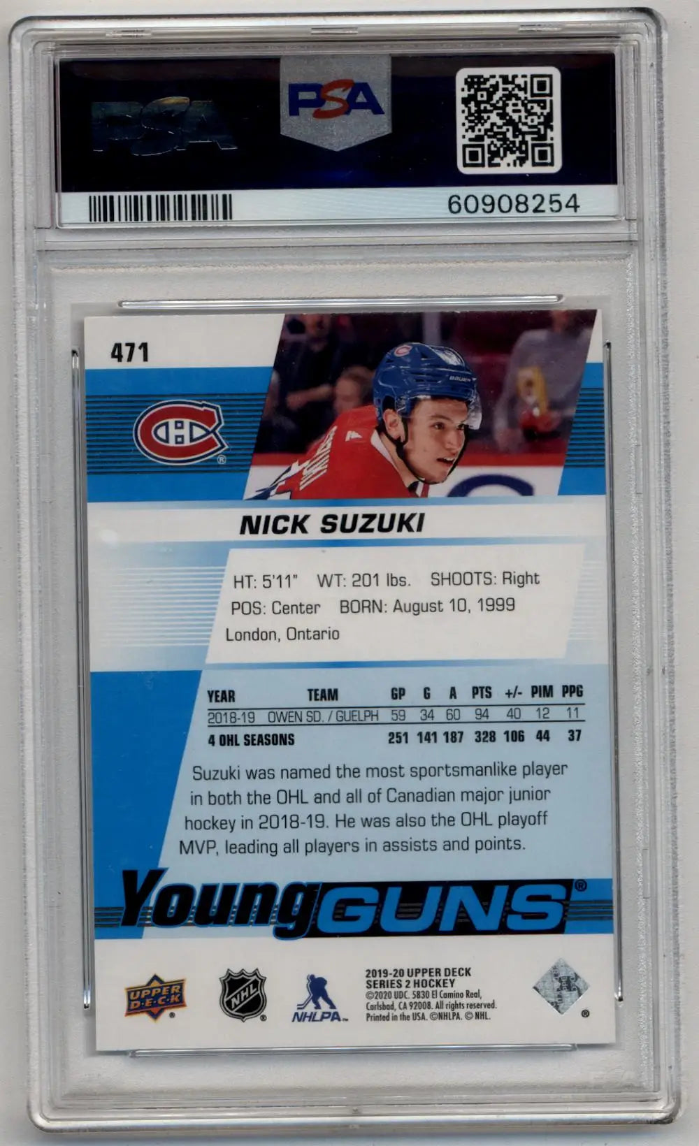 Nick Suzuki 2019-20 Upper Deck Young Gun #471 PSA 10 Gem Mint 8254 - Singles