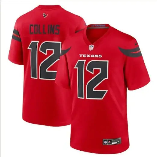 Red Houston Texans Nico Collins NFL jersey with number 12 and COLLINS on the back