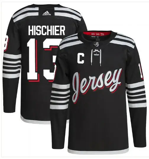 Black long-sleeved Nico Hischier New Jersey Devils adidas hockey jersey with white and red accents