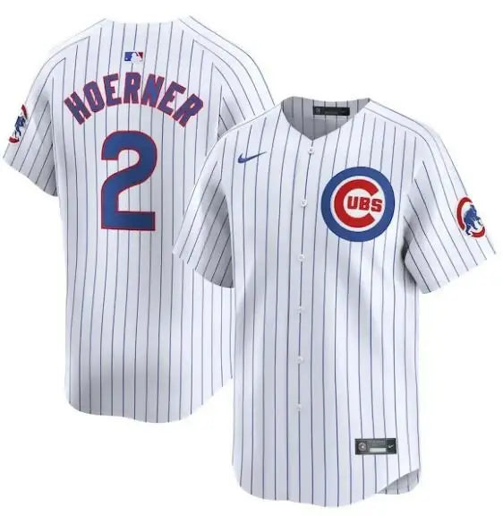 White pinstripe baseball jersey featuring Nico Hoerner’s Chicago Cubs Nike Home Limited Player Jersey