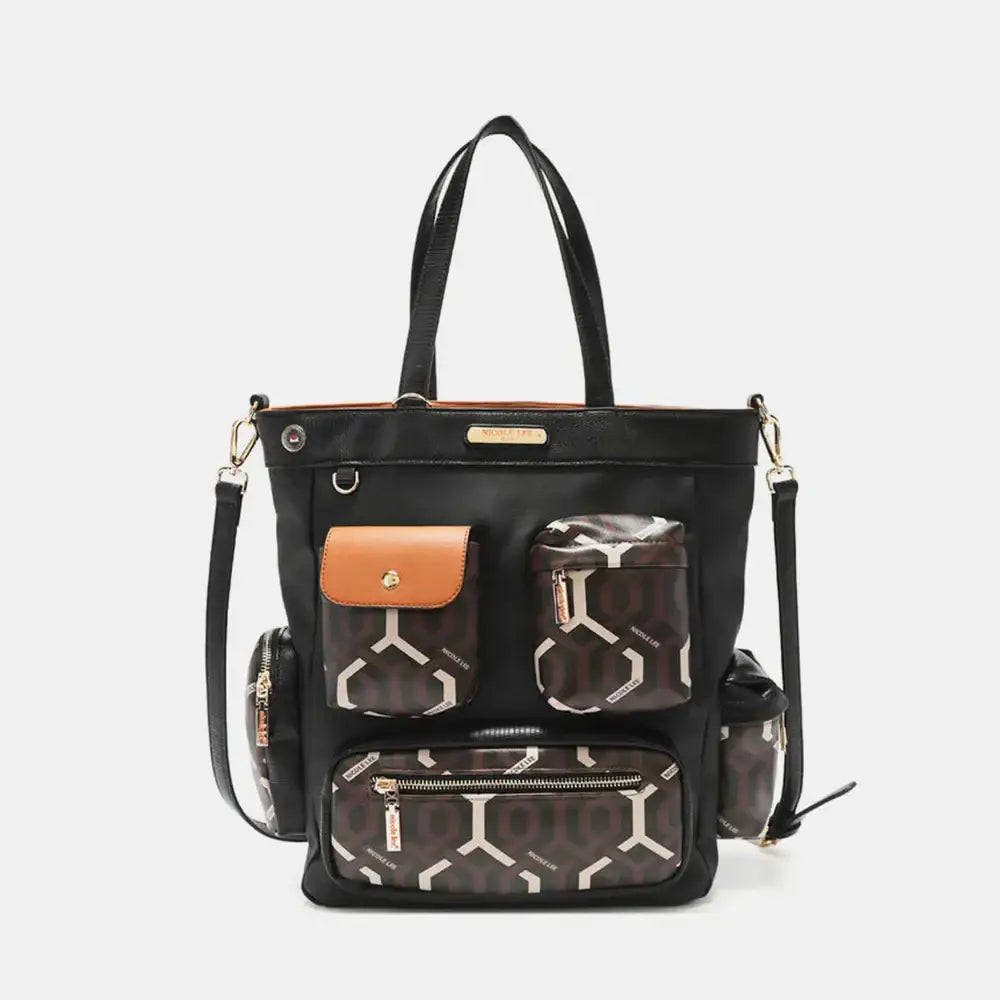 Nicole Lee USA geometric pattern tote bag in vegan leather with zip compartments and crossbody strap