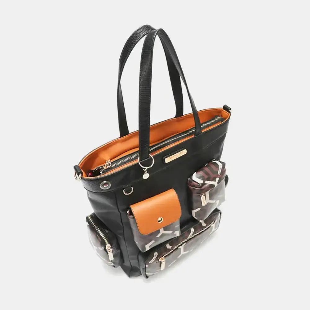 Black and orange Nicole Lee tote bag with vegan leather and zip compartments