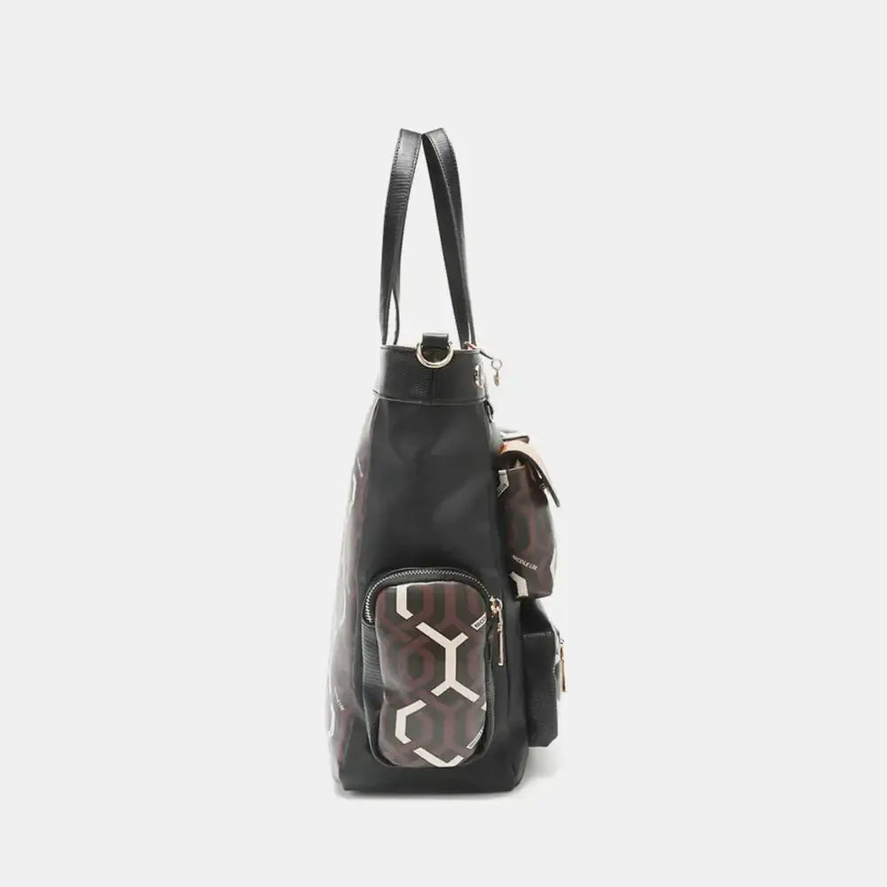 Nicole Lee vegan leather tote bag with hexagonal pattern, silver hardware, and zip compartments
