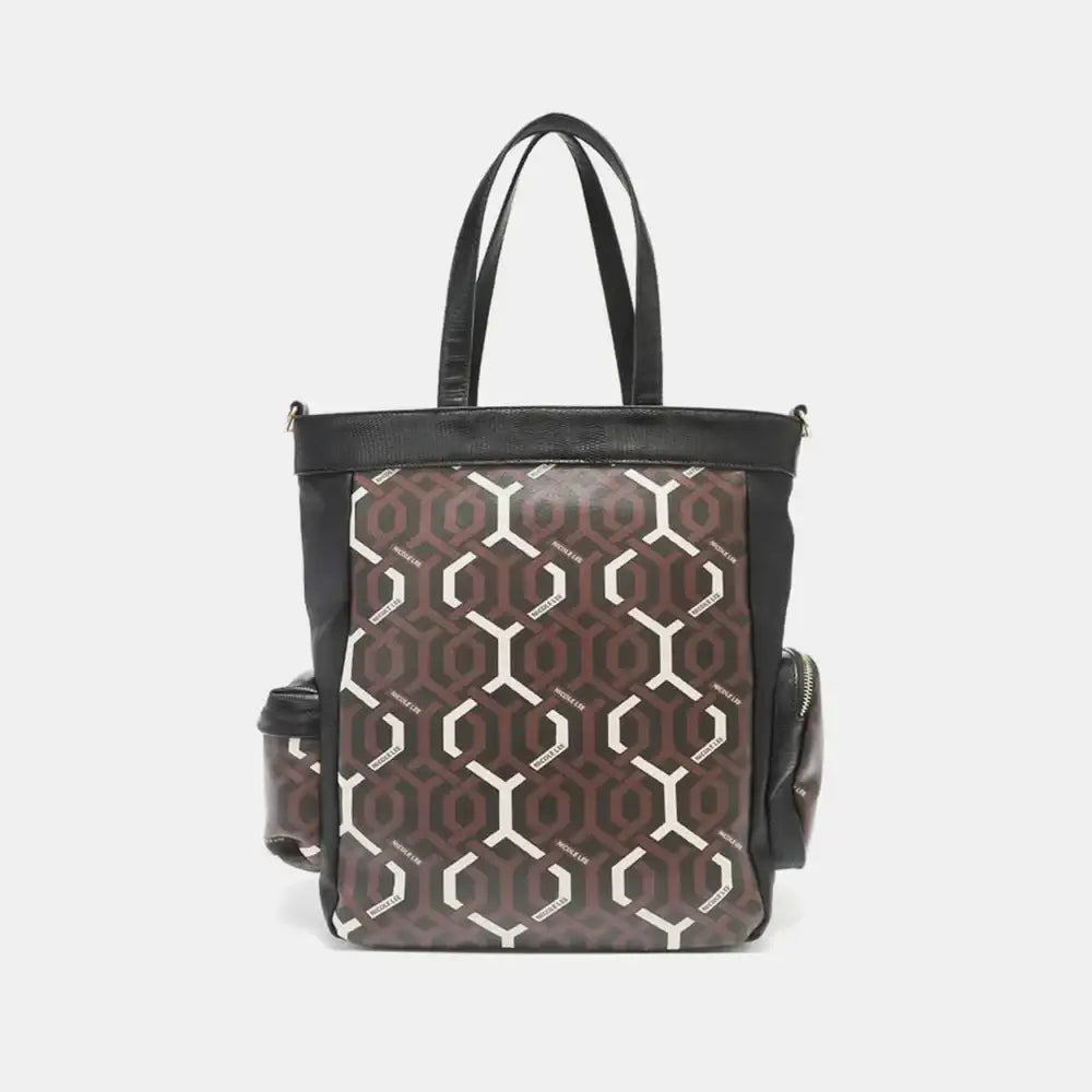 Brown and white hexagon patterned Nicole Lee tote bag with vegan leather and zip compartments