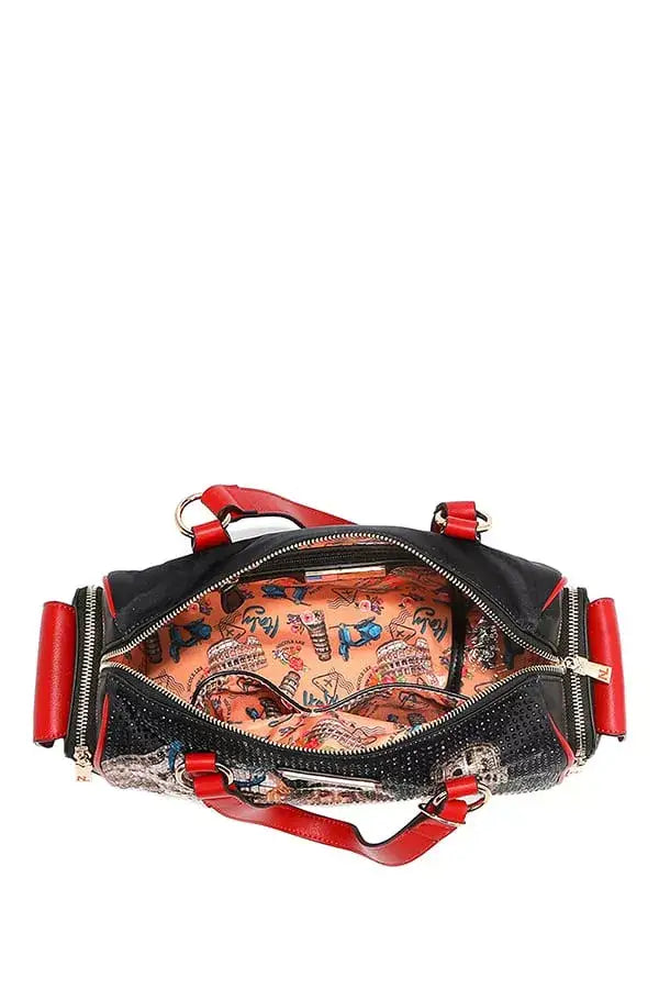Black and red Nicole Lee USA Martha Travels Italy Wide Handbag with Rhinestones open top