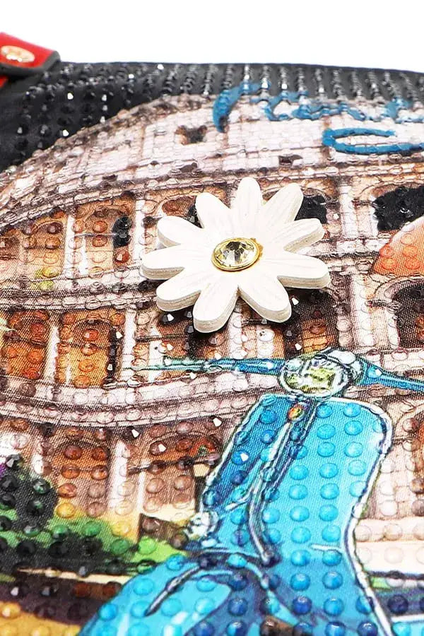 Black clutch with colorful Colosseum graphic, blue scooter, and daisy embellishment for Martha Travels Italy handbag