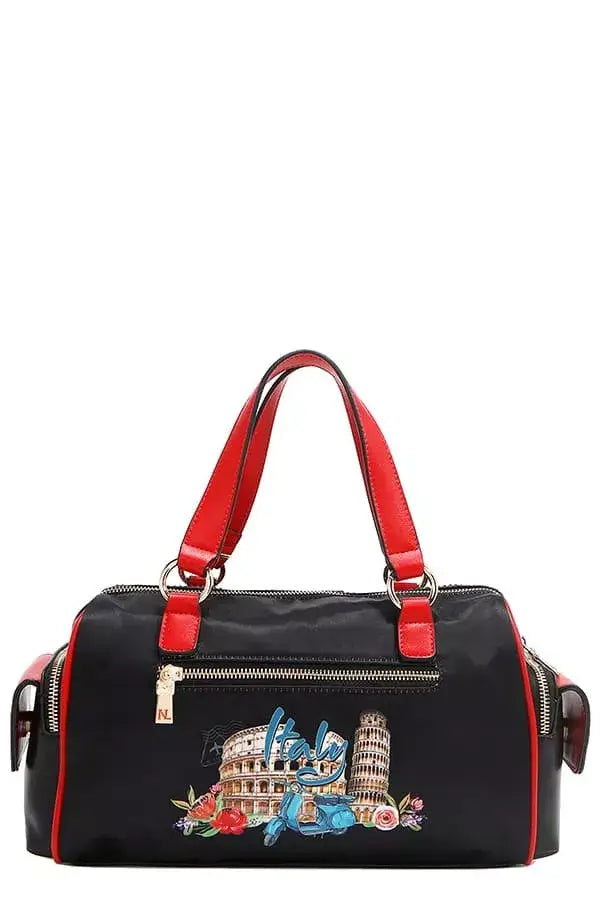 Black handbag with red handles and Italy-themed graphic design for Martha Travels Italy