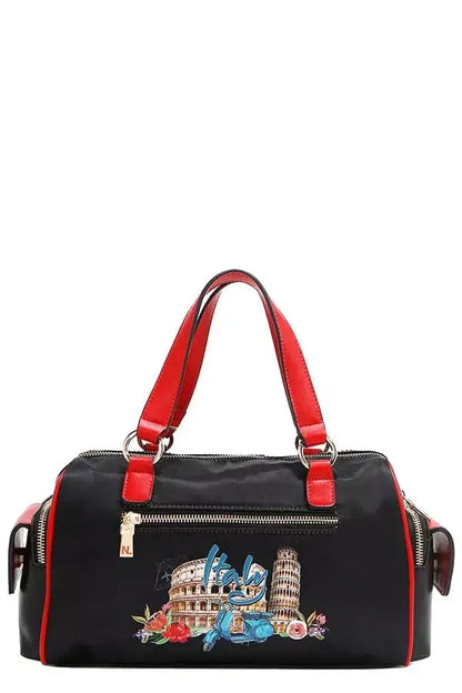 Black handbag with red handles and Italy-themed graphic design for Martha Travels Italy