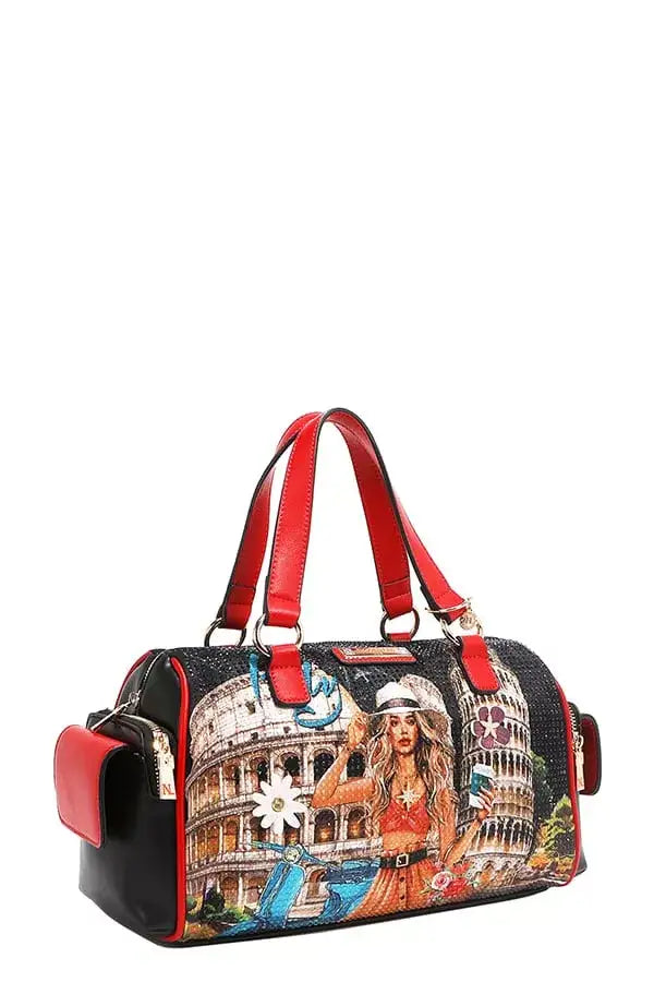 Black and red patterned duffel bag with handles from Nicole Lee USA Martha Travels Italy collection
