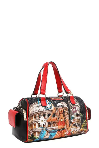 Black and red patterned duffel bag with handles from Nicole Lee USA Martha Travels Italy collection