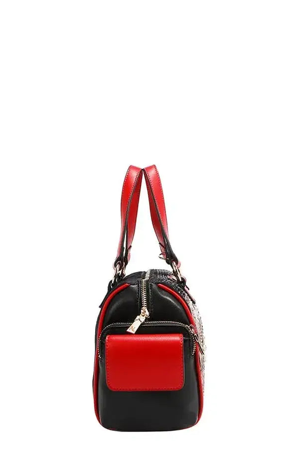 Black and red leather Martha Travels Italy handbag with top handles and front flap pocket
