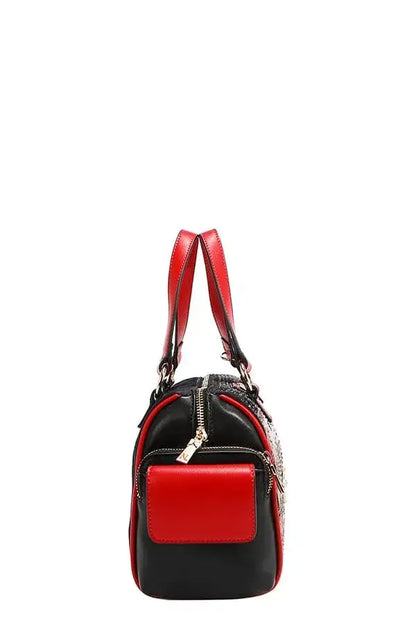 Black and red leather Martha Travels Italy handbag with top handles and front flap pocket