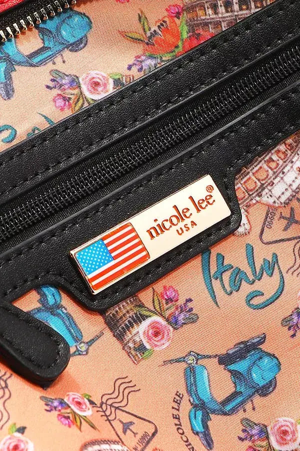 Nicole Lee USA Martha Travels Italy handbag with scooter, landmark, floral print and emblem