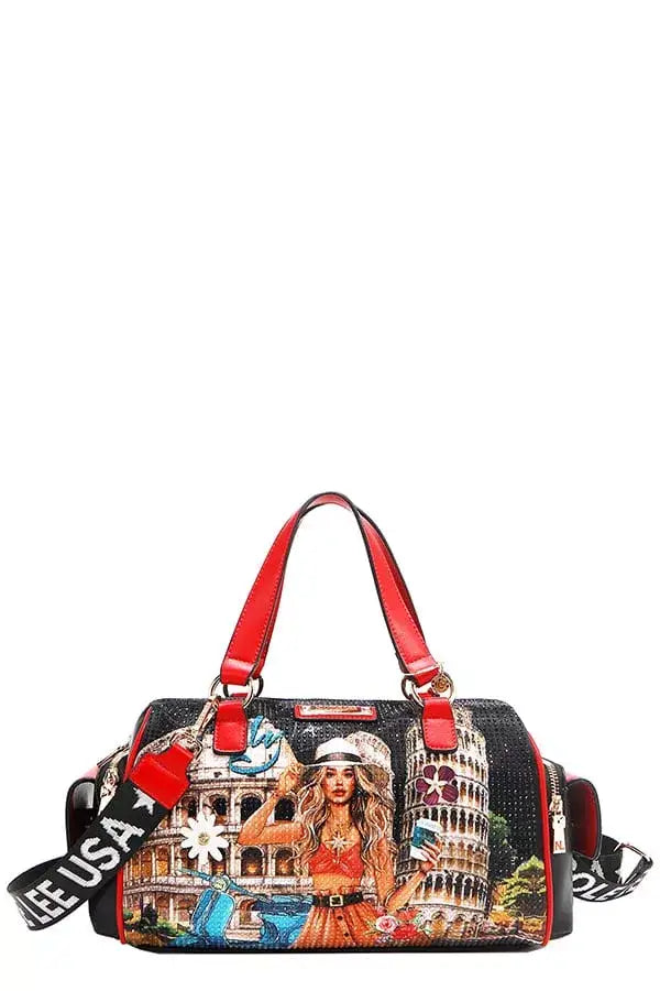 Black duffel bag with red handles featuring Martha Travels Italy scene and rhinestones