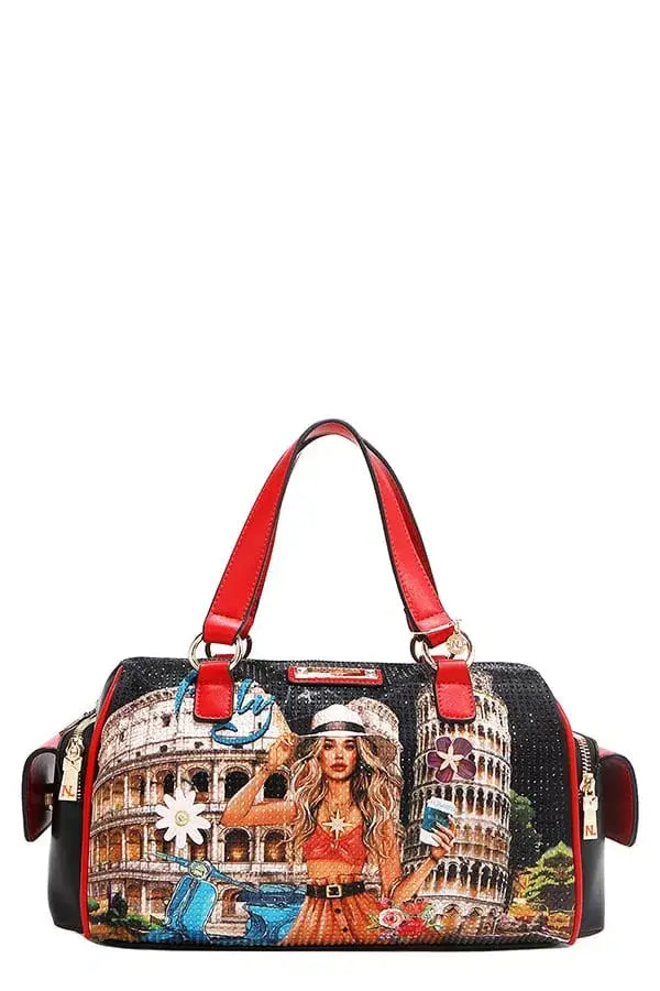Black Nicole Lee USA Martha Travels Italy wide handbag with red handles and Italian landmarks
