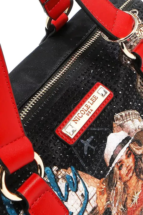 Black textured handbag with red straps and colorful graphic design from Martha Travels Italy