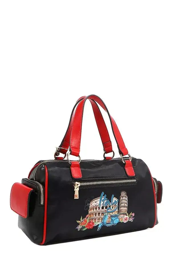 Black duffel bag with red handles and embroidered Italian landmarks for Martha Travels Italy