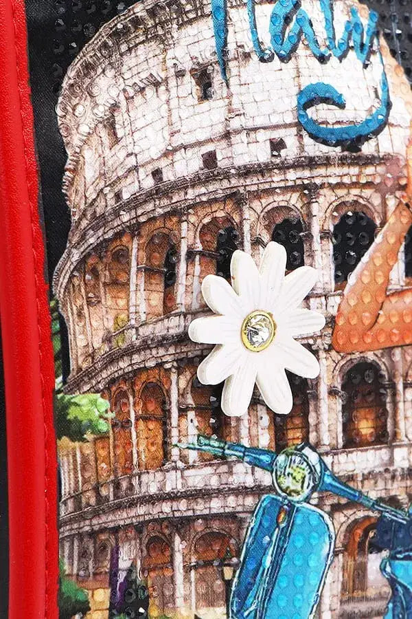 Nicole Lee USA Martha Travels Italy handbag with Colosseum Vespa flower rhinestones