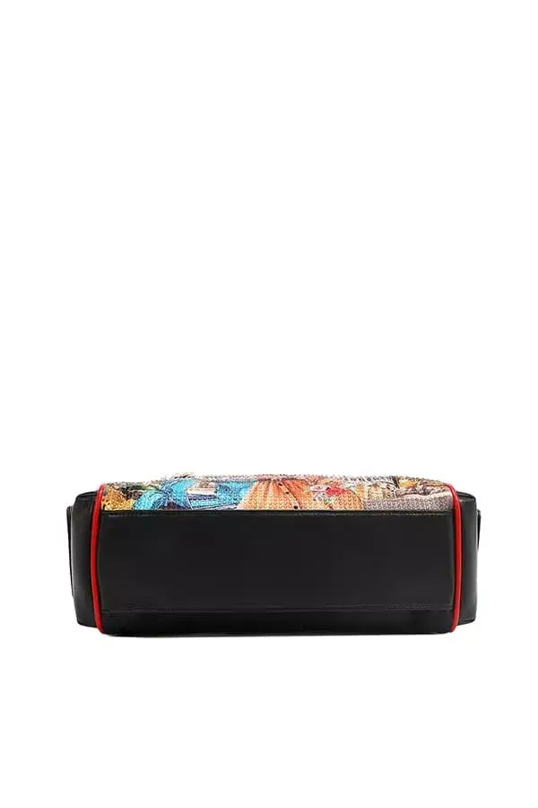 Nicole Lee USA Martha Travels Italy Wide Handbag with Rhinestones, black base, colorful patterned top