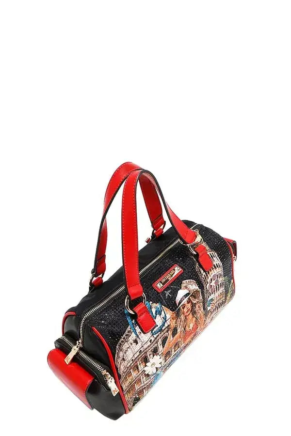 Black and red barrel-shaped handbag with illustrated woman and buildings for Martha Travels Italy