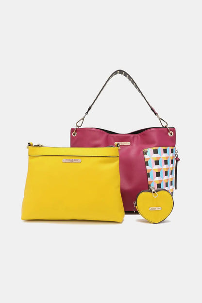 Yellow and pink nylon large shoulder bag with heart coin pouch and heart-shaped charm