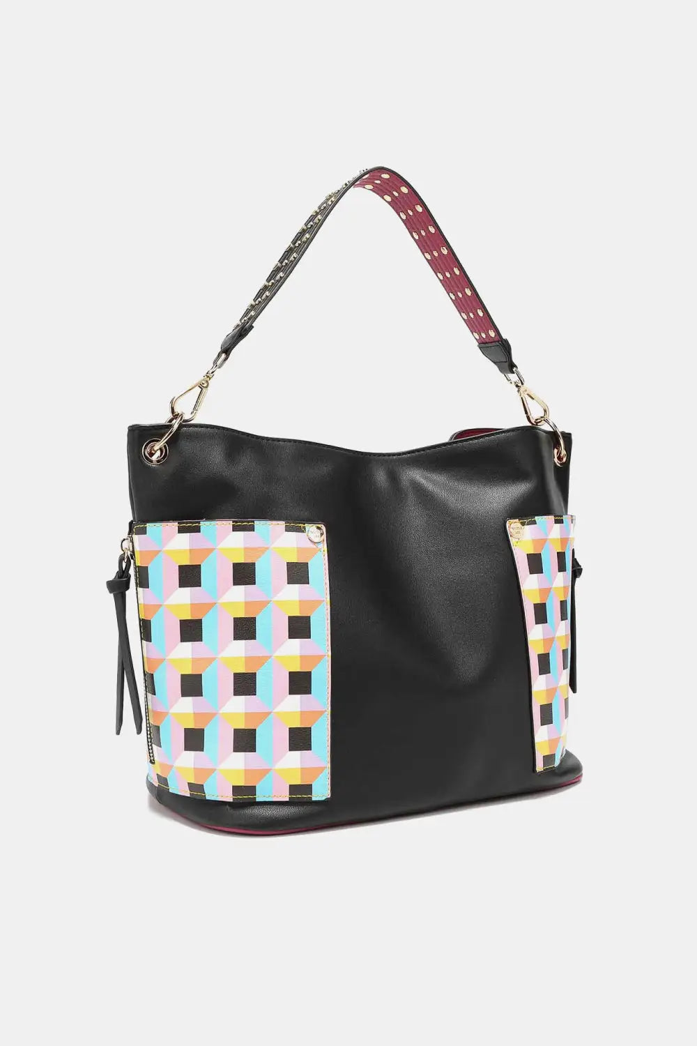 Black leather large shoulder bag with colorful geometric pattern and adjustable strap