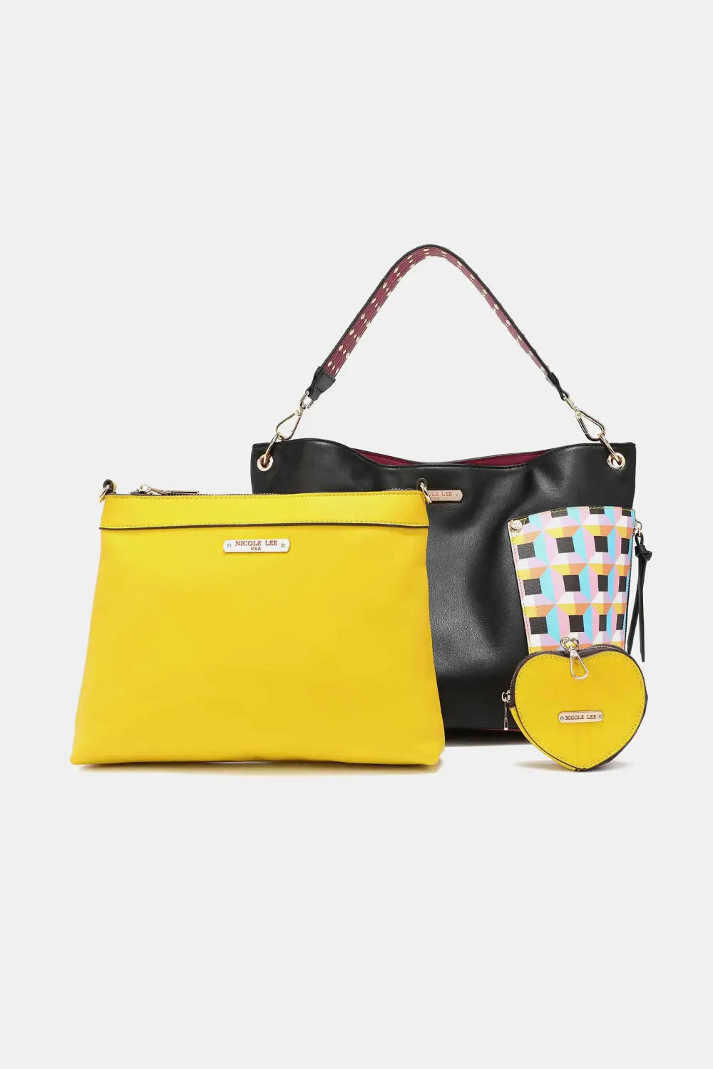 Yellow and black large shoulder handbag with colorful checkered strap and heart coin pouch