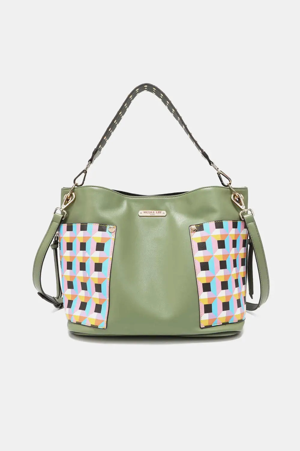 Green leather large shoulder bag with colorful checkered pockets and chain strap from Nicole Lee USA Quihn set