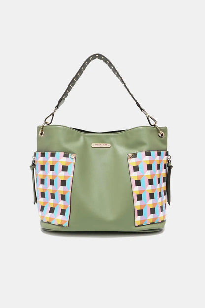 Green plaid patchwork large shoulder bag with zipper closure from Nicole Lee USA Quihn set