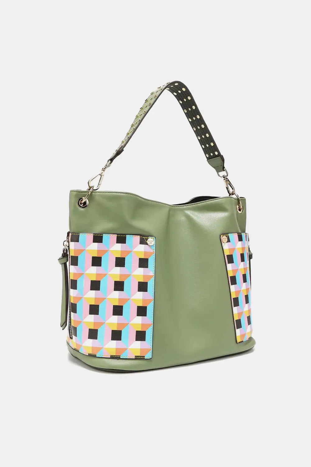 Green woven pattern large shoulder bag with studded strap and zipper closure for Nicole Lee USA Quihn set