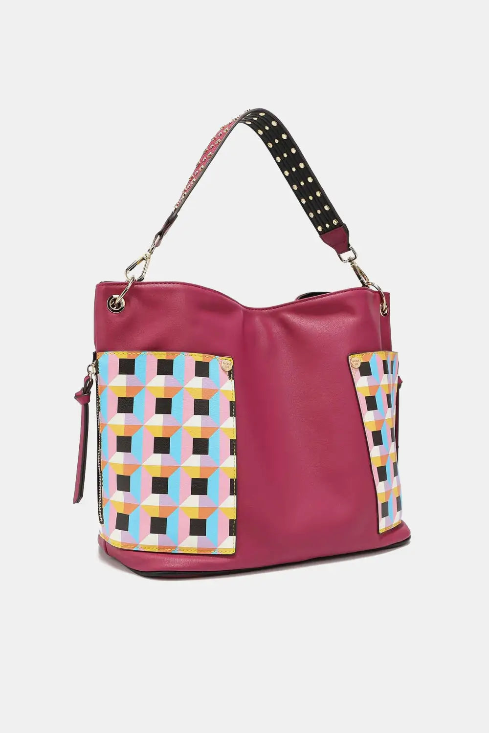 Magenta hobo bag with colorful geometric pattern and black polka dot strap from Nicole Lee USA large shoulder handbag set