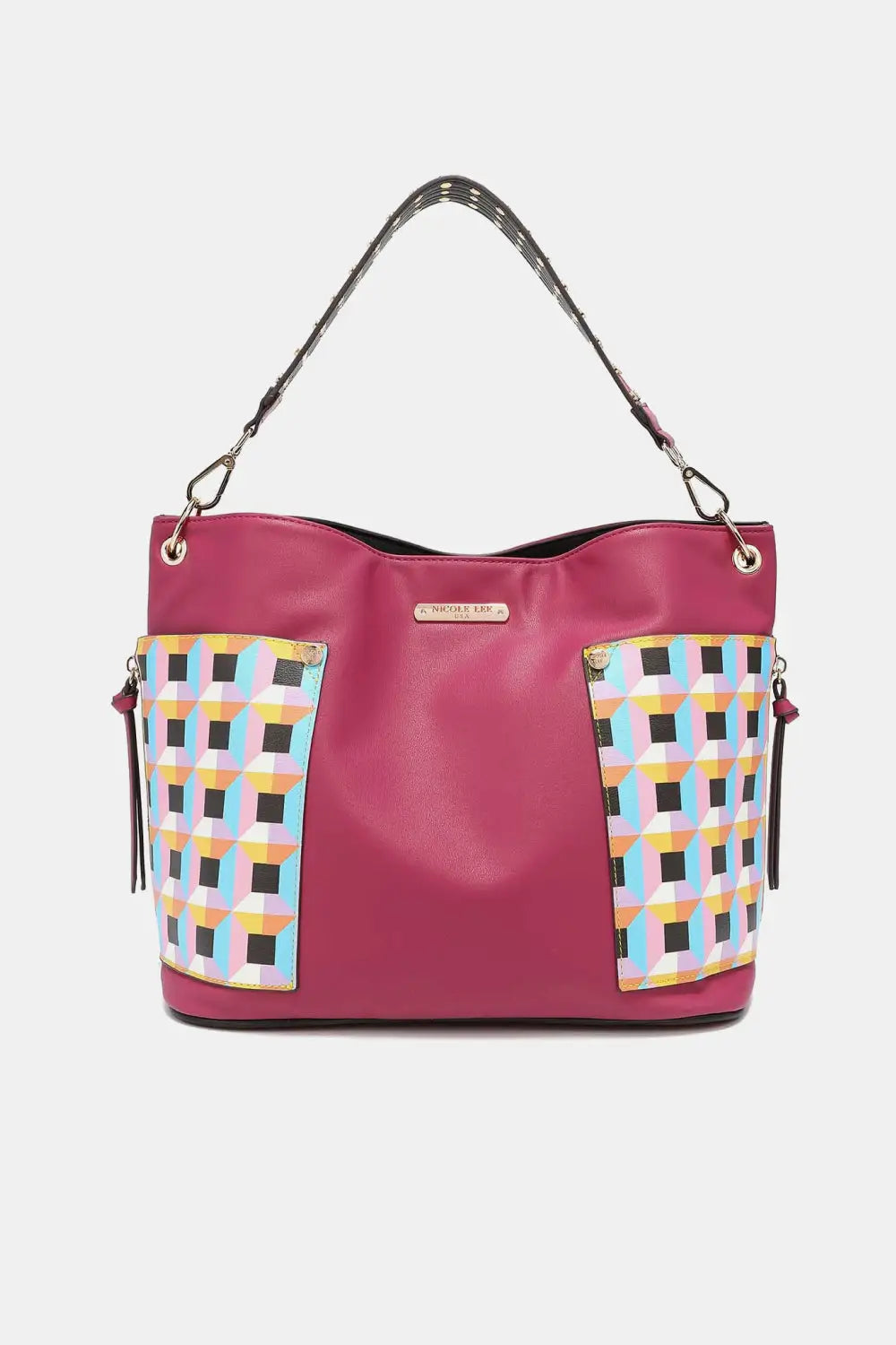 Magenta leather tote bag with colorful woven panels and silver hardware from Nicole Lee USA Quihn 3-Piece Handbag Set