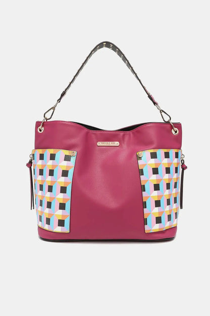 Magenta leather tote bag with colorful woven panels and silver hardware from Nicole Lee USA Quihn 3-Piece Handbag Set