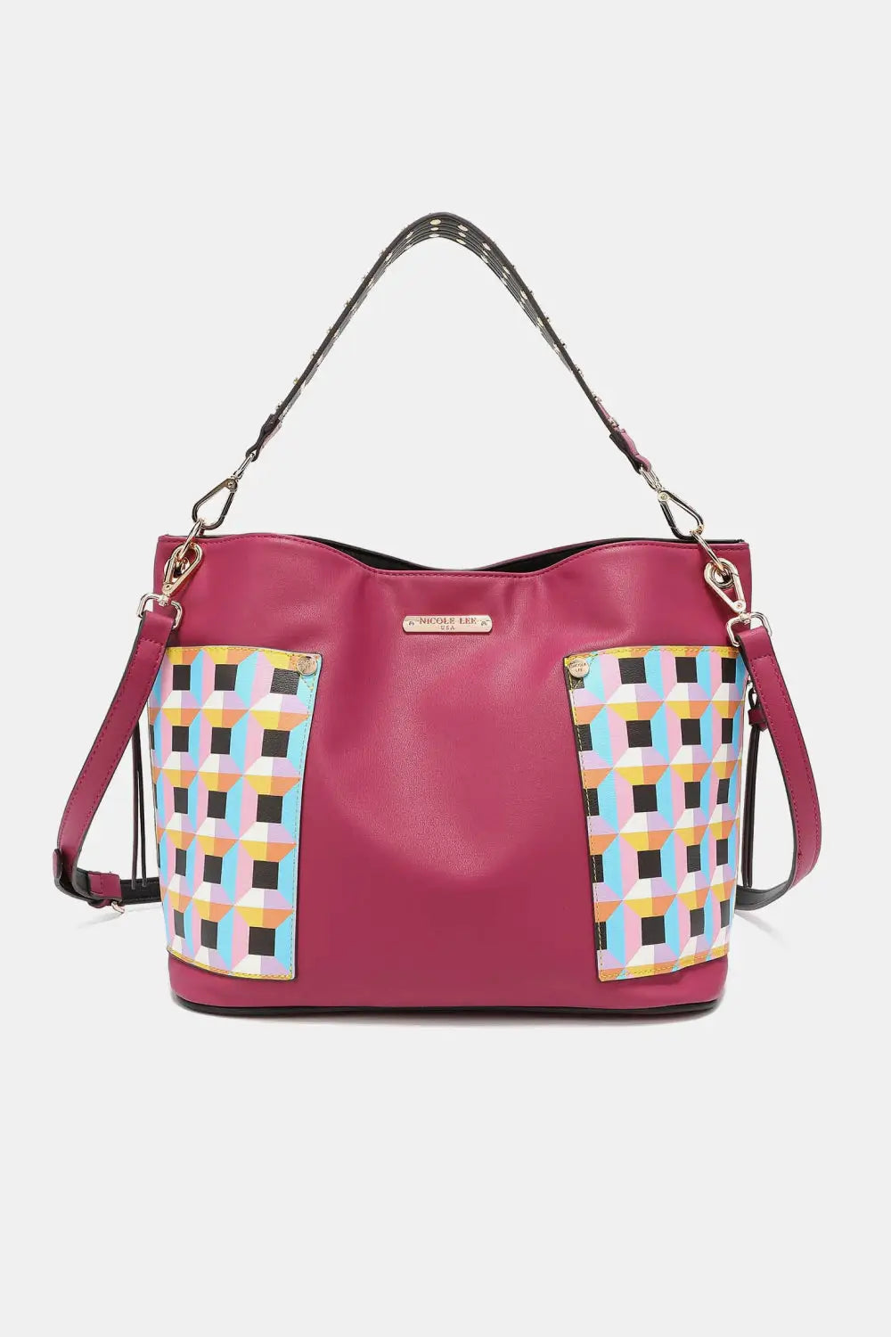 Magenta leather tote bag with geometric pattern, large shoulder bag from Nicole Lee USA