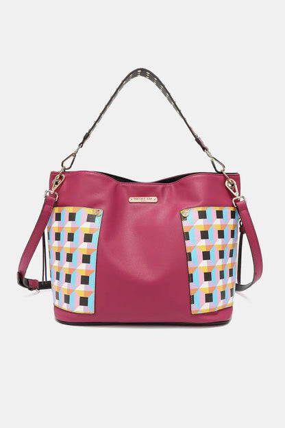 Magenta leather tote bag with geometric pattern, large shoulder bag from Nicole Lee USA