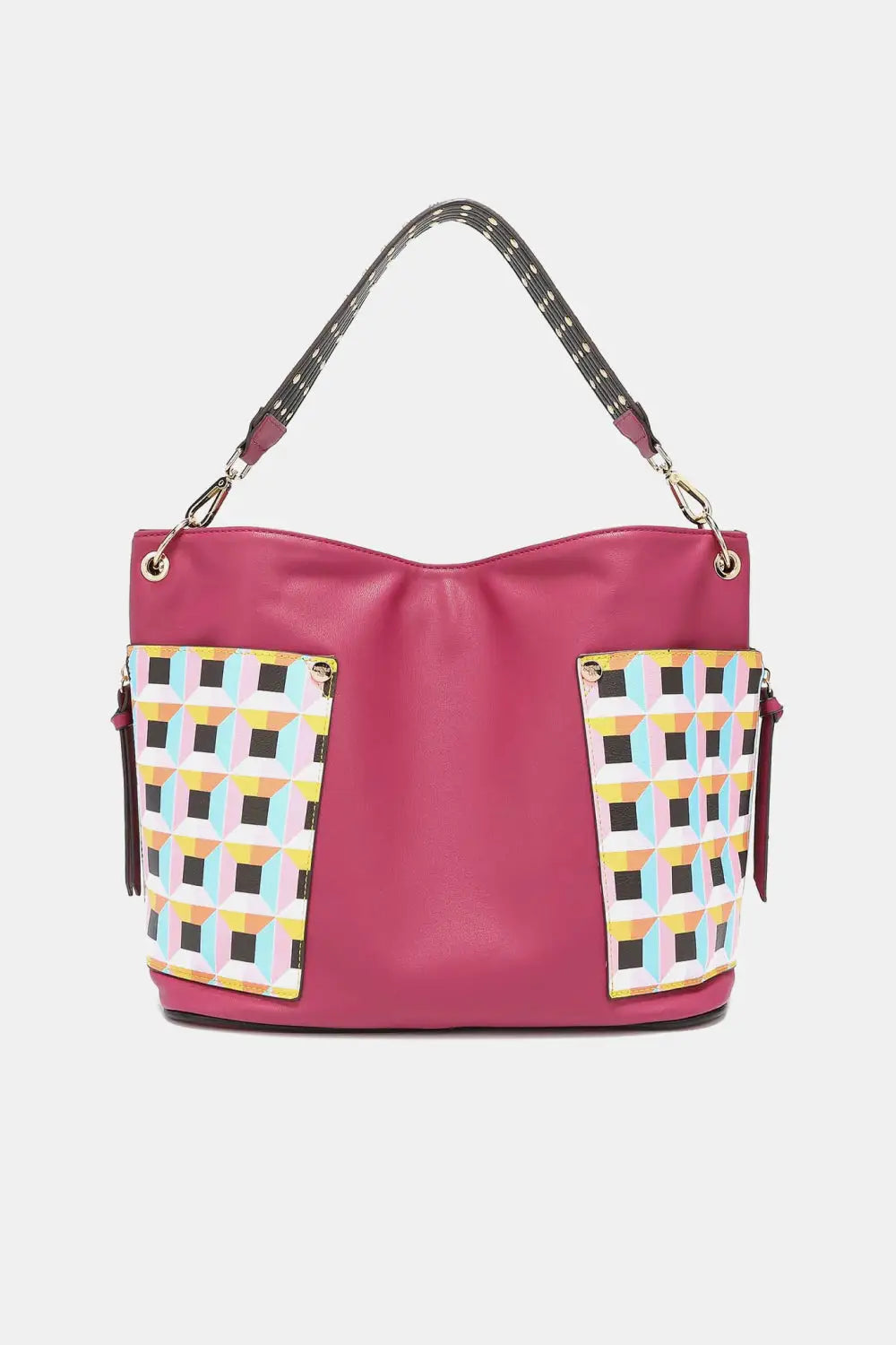 Magenta tote bag with geometric pattern, chain strap, and large shoulder design in Nicole Lee USA Quihn set