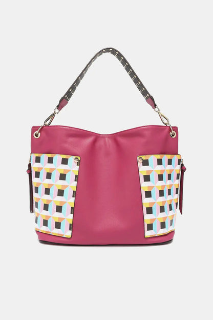 Magenta tote bag with geometric pattern, chain strap, and large shoulder design in Nicole Lee USA Quihn set