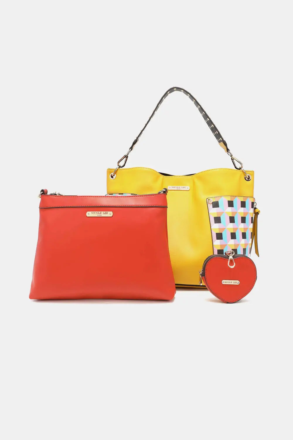 Red and yellow leather handbag with checkered pattern, large shoulder bag from Nicole Lee USA
