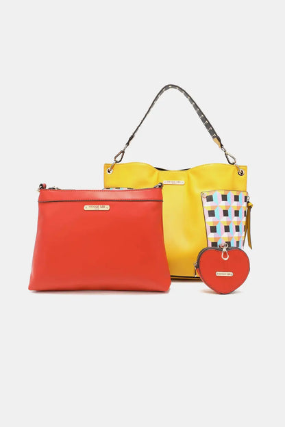 Red and yellow leather handbag with checkered pattern, large shoulder bag from Nicole Lee USA