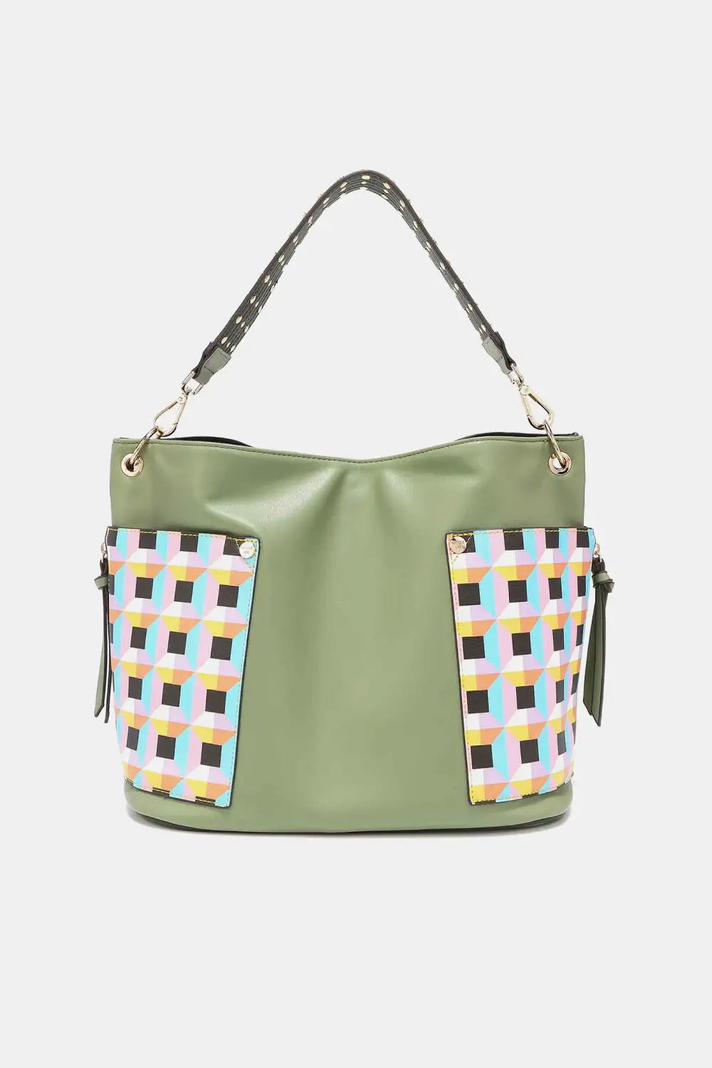 Olive green woven large shoulder bag with colorful checkered accents and adjustable strap