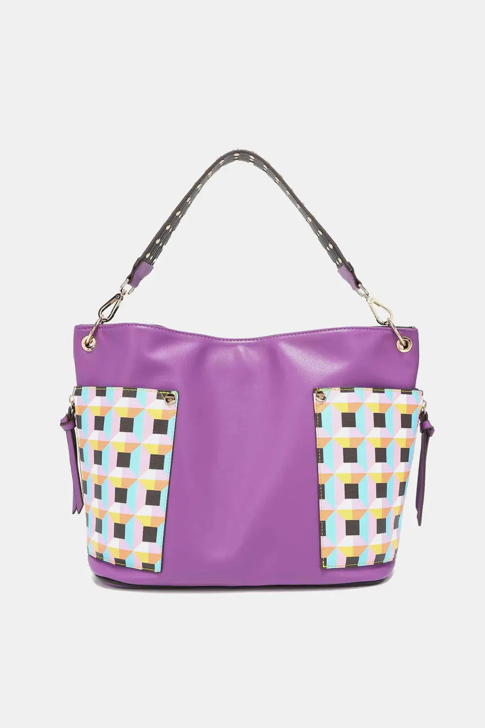 Purple and multicolored checkered large shoulder tote bag with adjustable strap and heart coin pouch