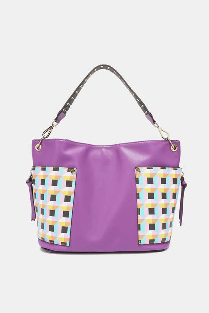 Purple and multicolored checkered large shoulder tote bag with adjustable strap and heart coin pouch