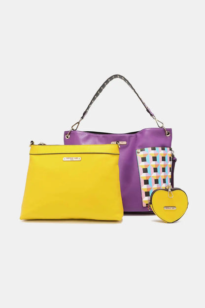 Yellow and purple Nicole Lee USA large shoulder bag with woven heart coin pouch