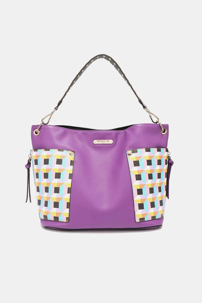 Purple woven patchwork large shoulder bag with leather straps and metal hardware from Nicole Lee USA Quihn 3-Piece Handbag Set