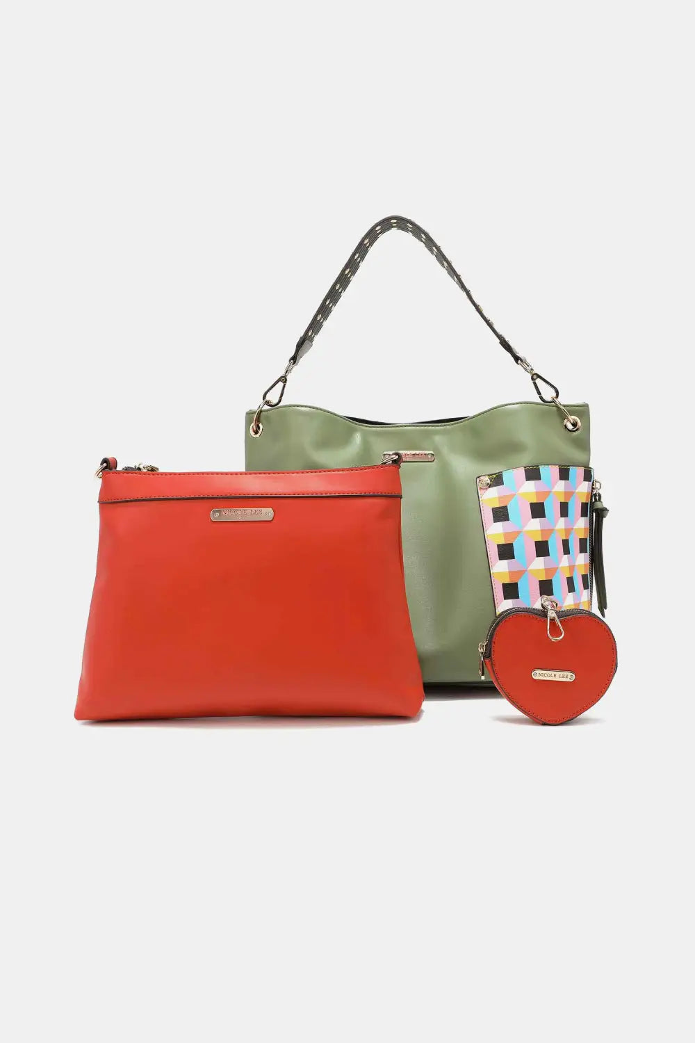 Red and green leather large shoulder bag with checkered strap and heart coin pouch