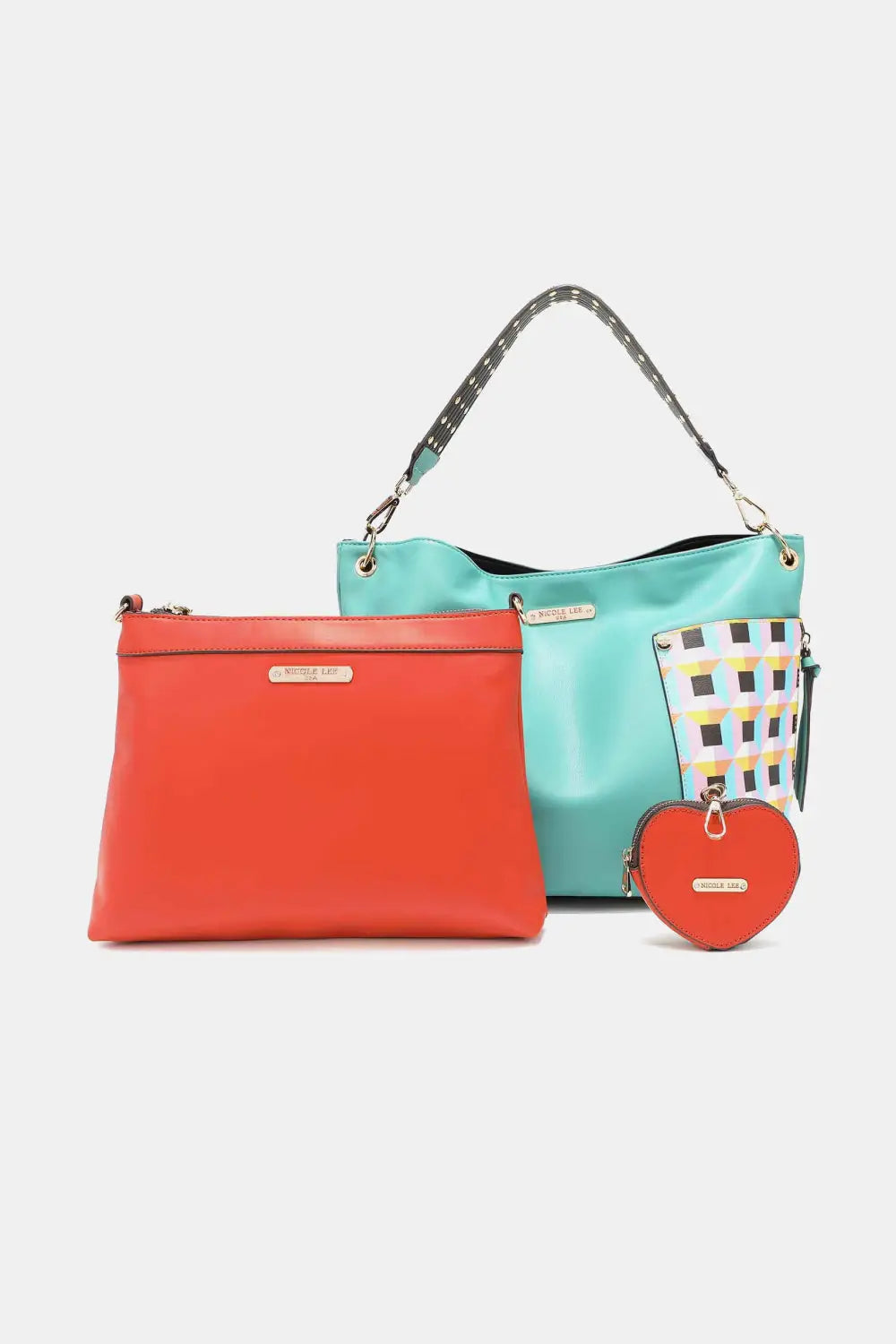 Coral and teal large shoulder bag with leopard strap, geometric wallet, and heart coin pouch