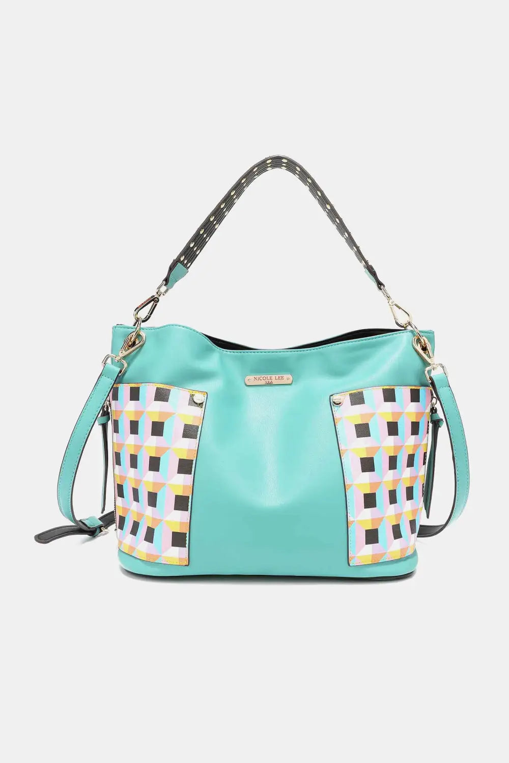 Turquoise plaid shoulder bag with studded details from Nicole Lee USA Quihn 3-Piece Set