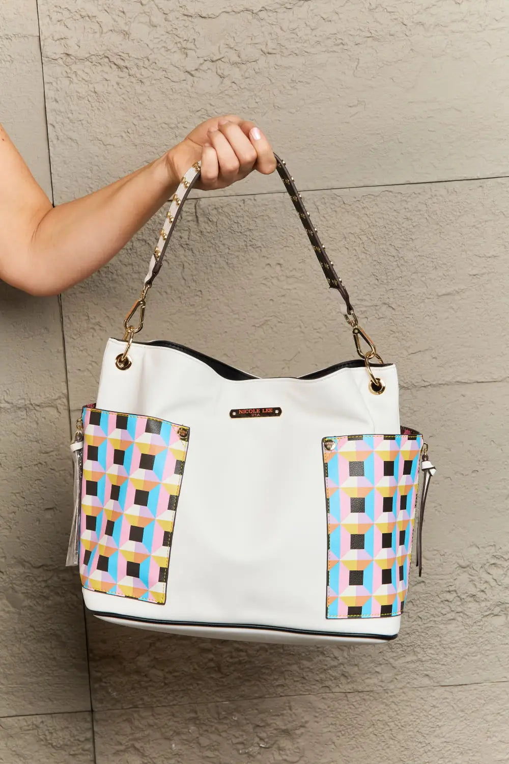 White and multicolored plaid large shoulder handbag with gold hardware from Nicole Lee USA