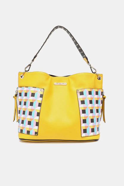 Yellow multicolored checkered patchwork large shoulder handbag with woven handles and heart coin pouch