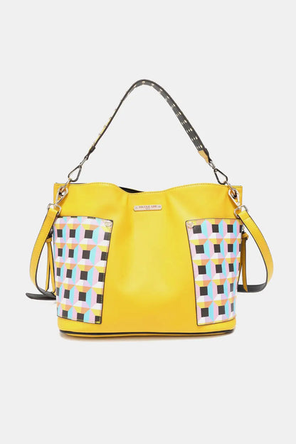 Yellow multicolored checkered patchwork handbag with snakeskin strap from Nicole Lee USA Quihn set
